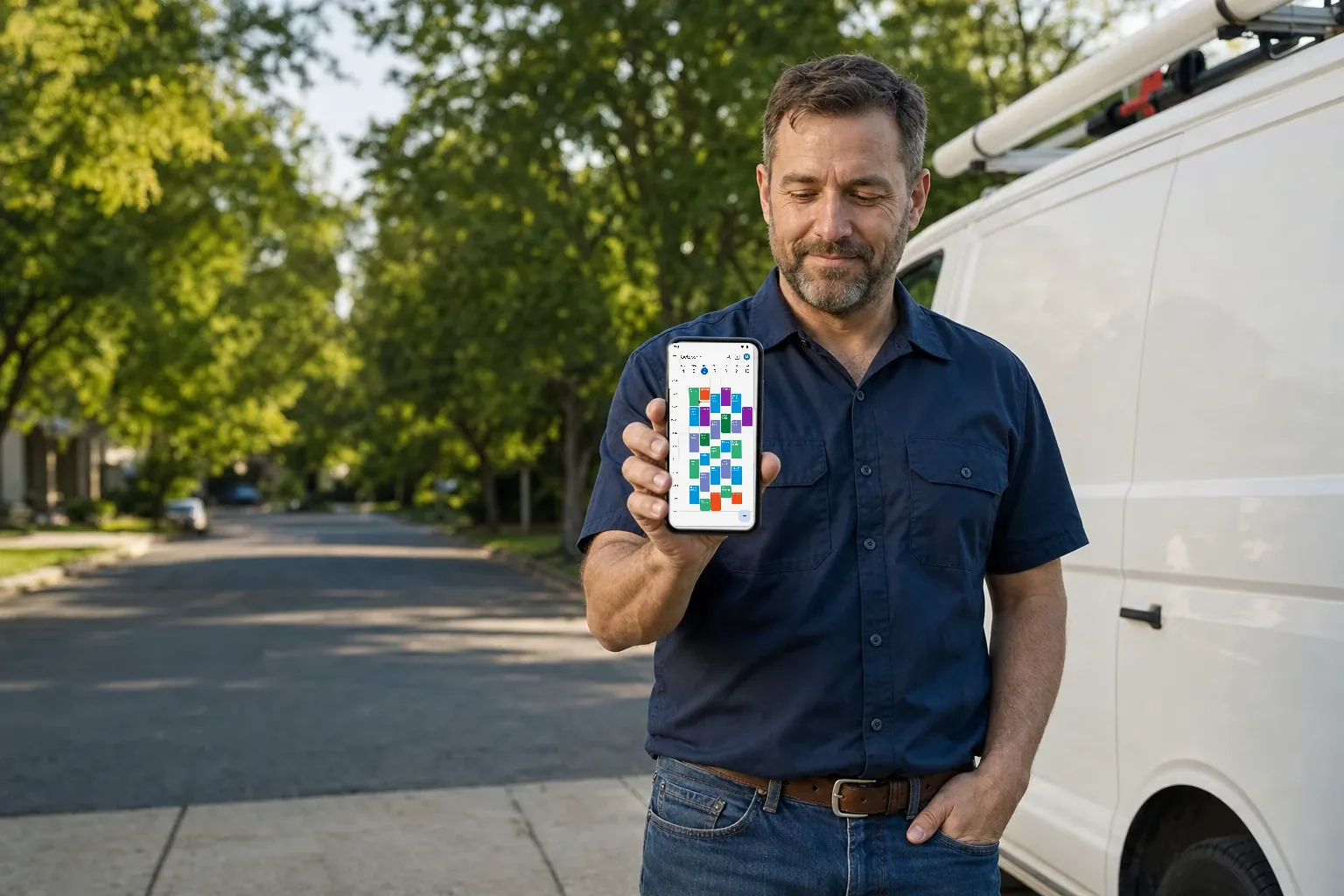 A service business owner standing by his work van, holding up his phone to show a calendar full of booked jobs